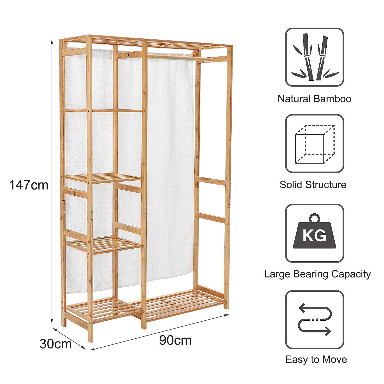 6 Tier Bamboo Garment Rack Storage Shelves Clothes Hanging Wardrobe on