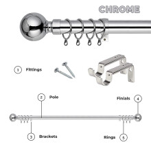 (70-120 cm (28" - 48" In), Chrome) Metal Curtain Pole Finials Rings Rod Fittings
