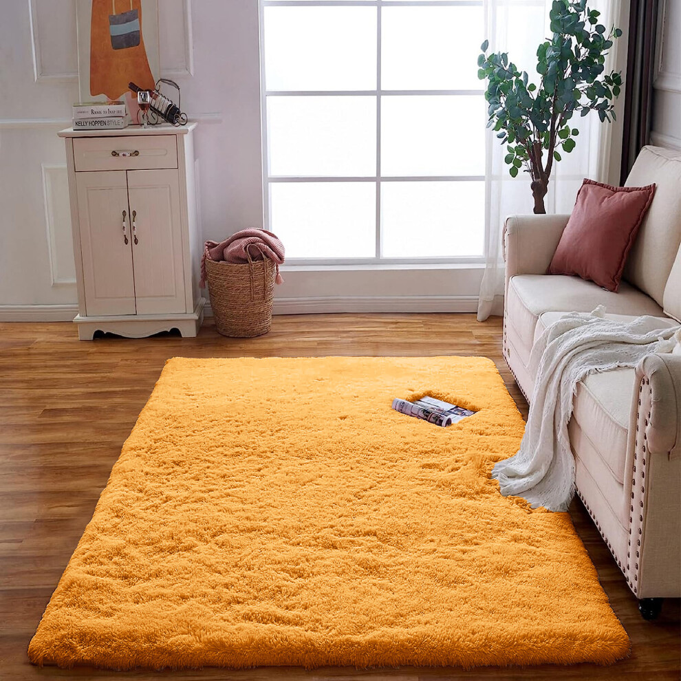 (Ochre Yellow, 120cm x 170cm (4ft x 5ft 8")) Large Non Slip Rugs Soft Shaggy Fluffy Runner Rug & Bath Door Mats