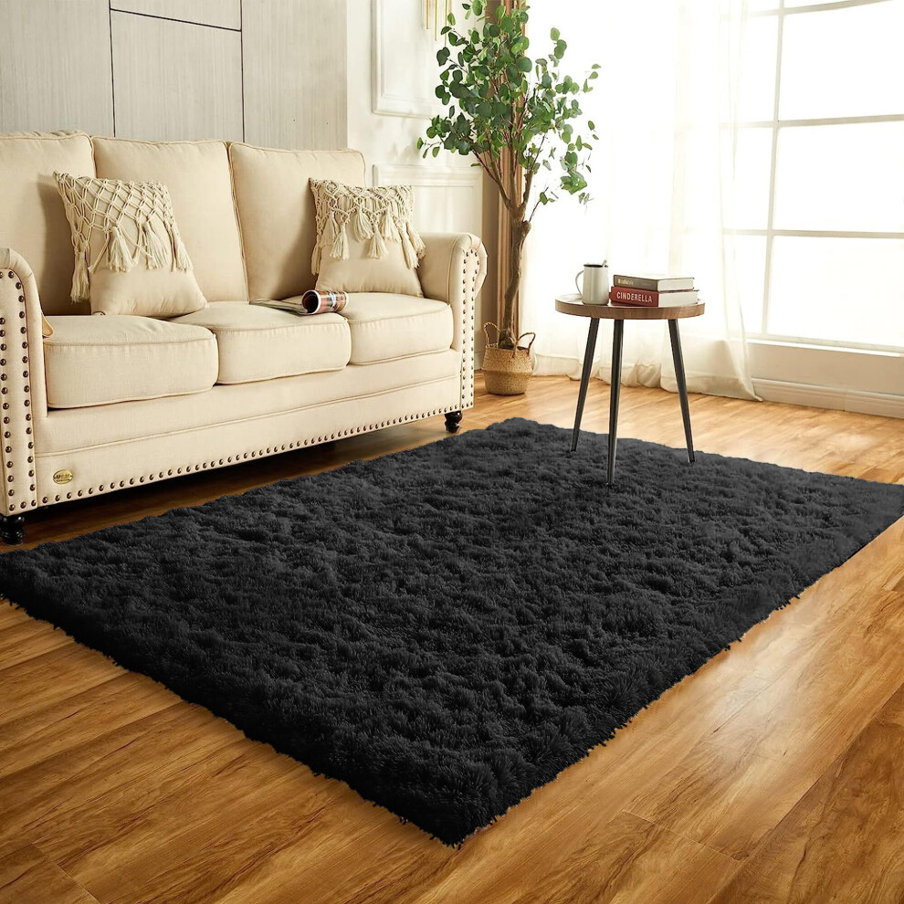 (Black, 200cm x 290cm (6ft 8" x 9ft 7")) Large Non Slip Rugs Soft Shaggy Fluffy Runner Rug & Bath Door Mats