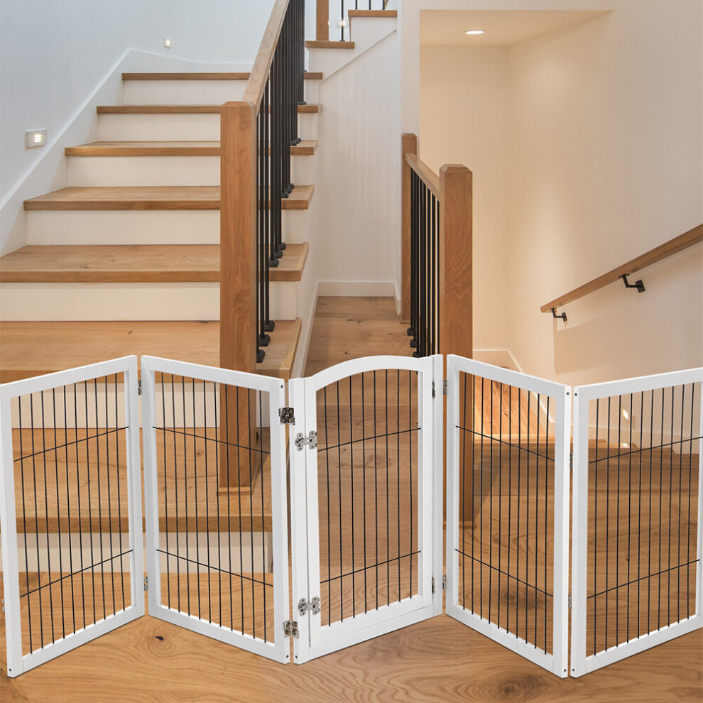 (White, 5 Panels) Wooden Dog Gate Folding Pet Playpen Safety Fence Barrier with Walk Through Door