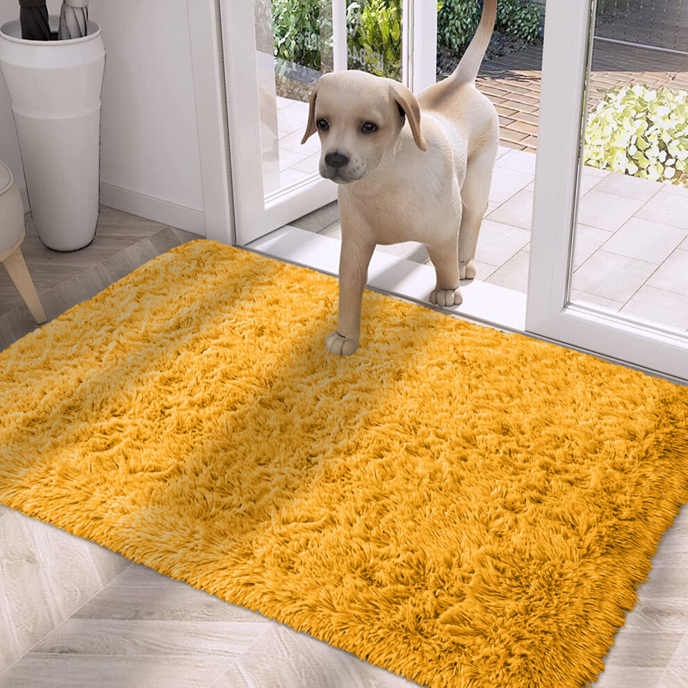 (Ochre Yellow, 80cm x 150cm (2ft 8" x 5ft)) Large Non Slip Rugs Soft Shaggy Fluffy Runner Rug & Bath Door Mats