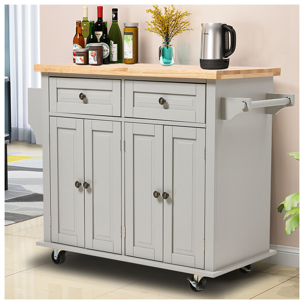 Rolling Wooden Kitchen Island Trolley Cart with 2 Storage Cabinet , 2 Drawer & Side Rack