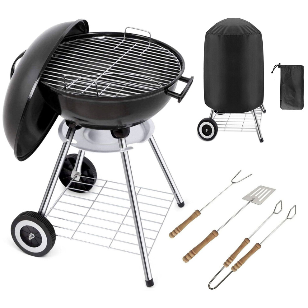 Gr8 Garden Portable 18" Kettle Charcoal Bbq Grill Barbecue Utensils Cover Wheels Black