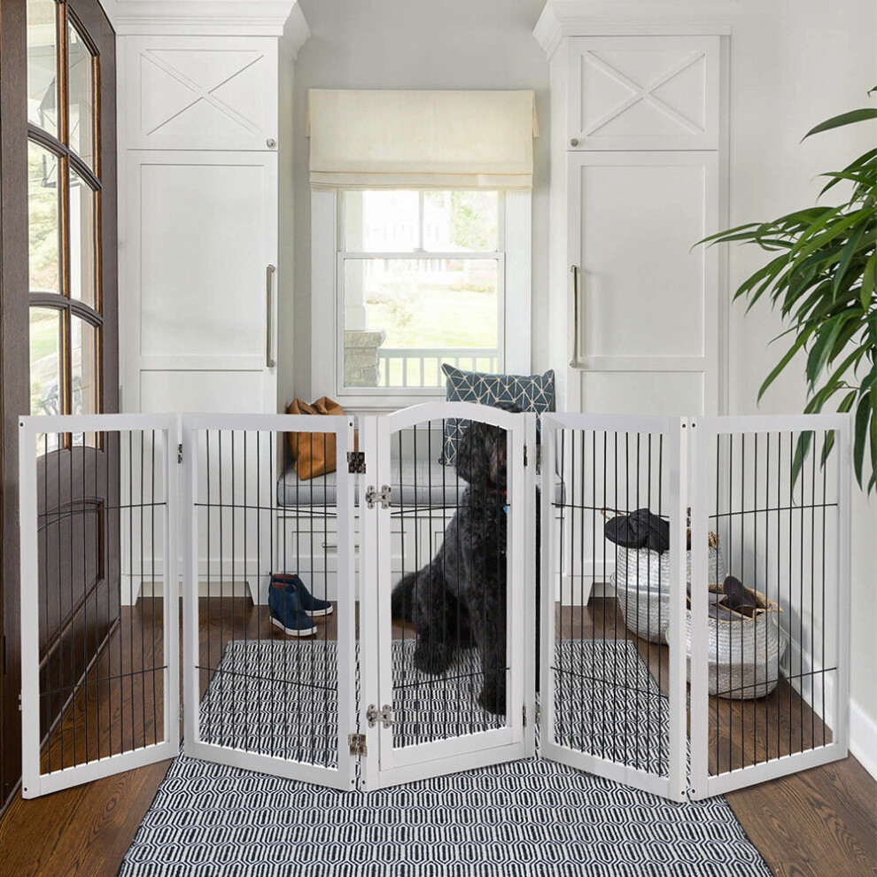 (White, 5 Panels) Freestanding Wooden Pet Dog Gate Children Playpen Safety Fence Barrier Divider