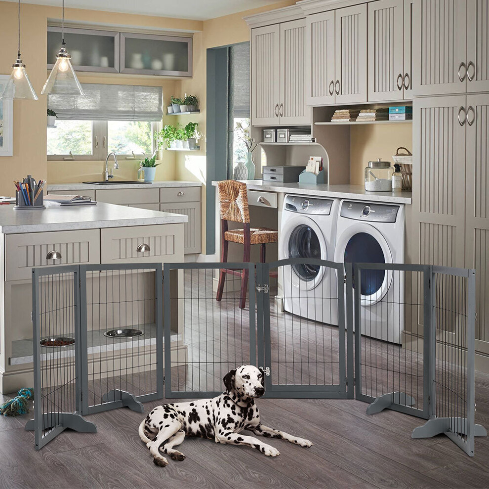 (Grey, 6 Panels) Freestanding Wooden Pet Dog Gate Children Playpen Safety Fence Barrier Divider
