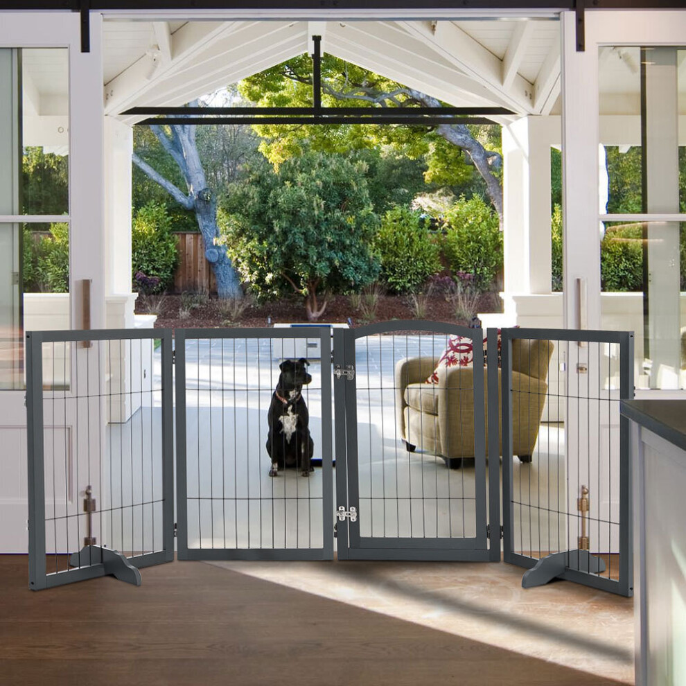 (Grey, 4 Panels) Freestanding Wooden Pet Dog Gate Children Playpen Safety Fence Barrier Divider