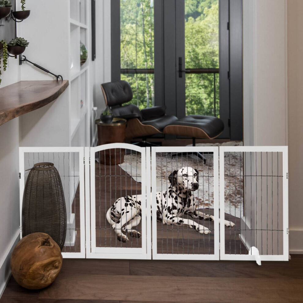 (White, 4 Panels) Freestanding Wooden Pet Dog Gate Children Playpen Safety Fence Barrier Divider