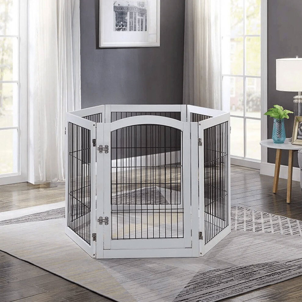 (White, 6 Panels) Freestanding Wooden Pet Dog Gate Children Playpen Safety Fence Barrier Divider