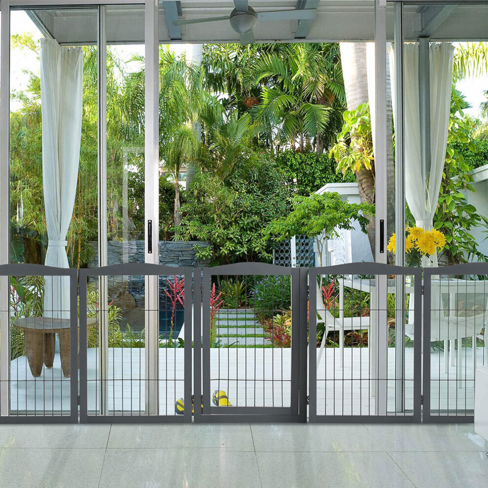 (Grey, 5 Panels) Wooden Dog Gate Folding Pet Playpen Safety Fence Barrier with Walk Through Door