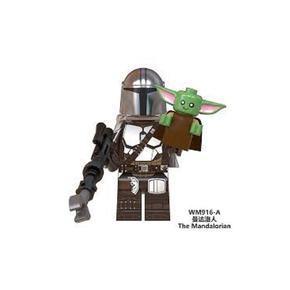 (Mando Minifig and Grogu Combo - Silver Beskar Armor - Din Djarin The Mandalorian #1) Star Wars Custom Mini Figures Sets