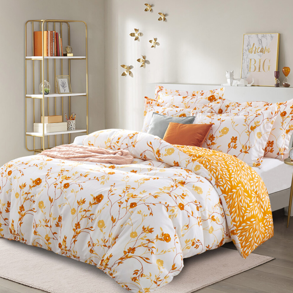 (Ochre Flower) Duvet Quilt Cover Printed Reversible King Size Bedding Set