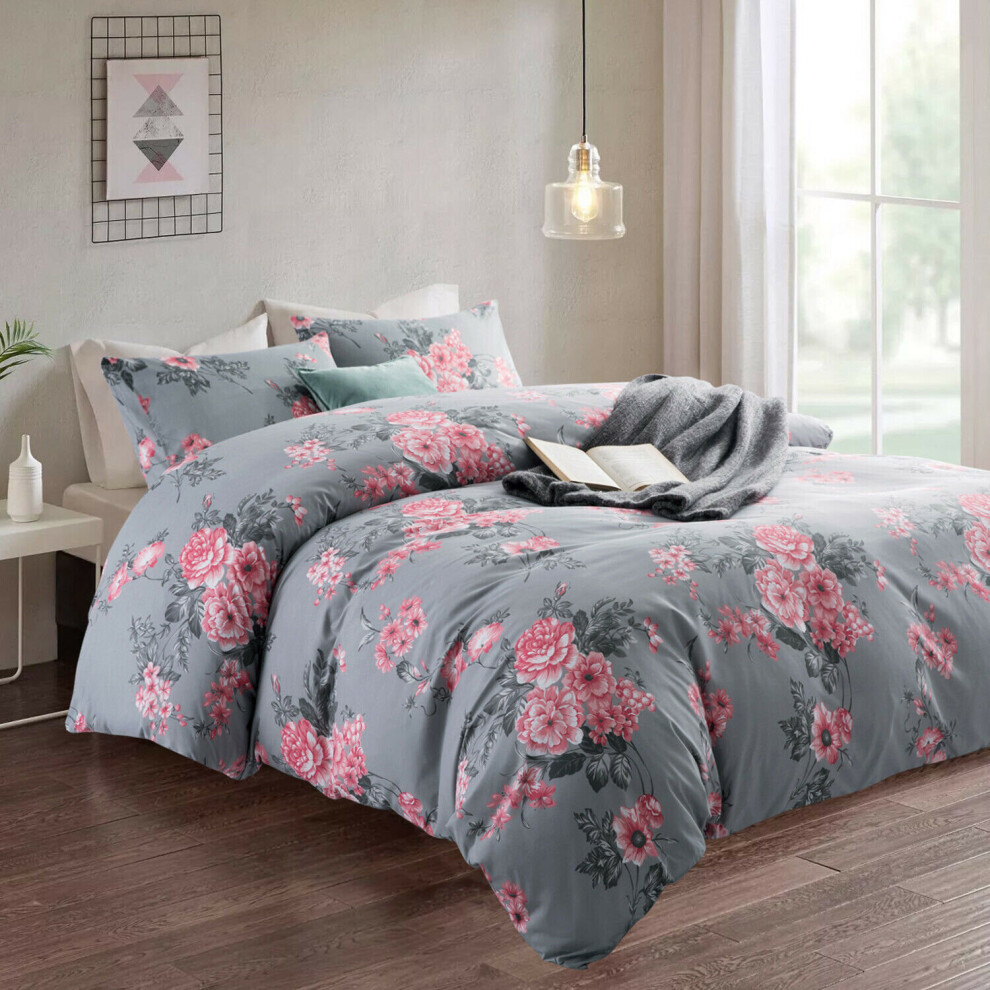 (Grey Bouqet) Duvet Quilt Cover Printed Reversible King Size Bedding Set