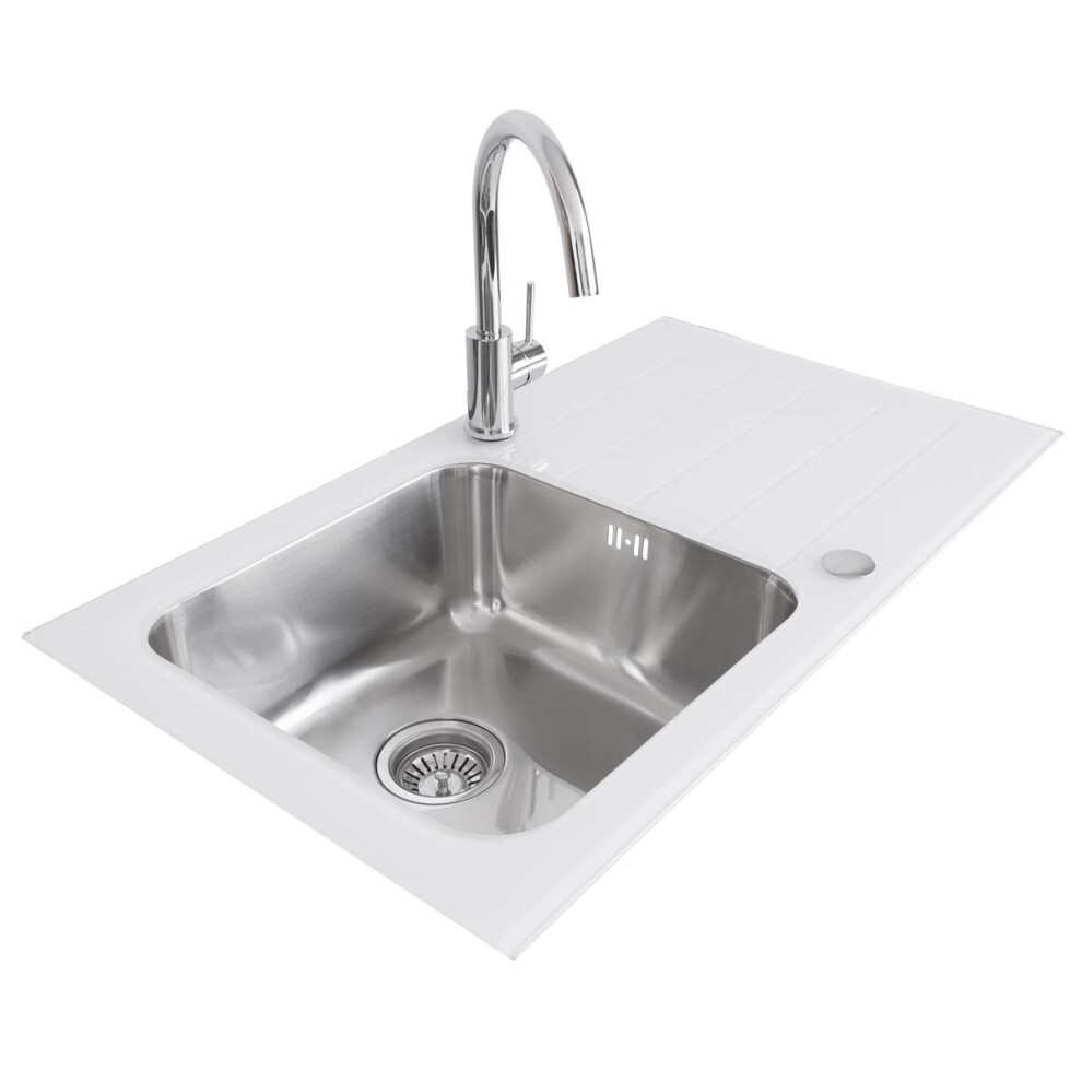 (White) Aquariss 1.0 Single Bowl 860 x 500mm Glass Inset Kitchen Sink Stainless Steel Reverisble