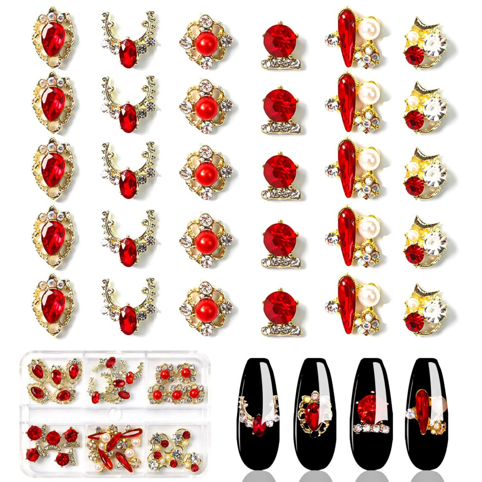30 Pieces 3D Luxury Alloy Gold Nail Charms Flat Back Red Nail Rhinestones Gems Jewels Crystal Diamonds for Nails Nail Pe