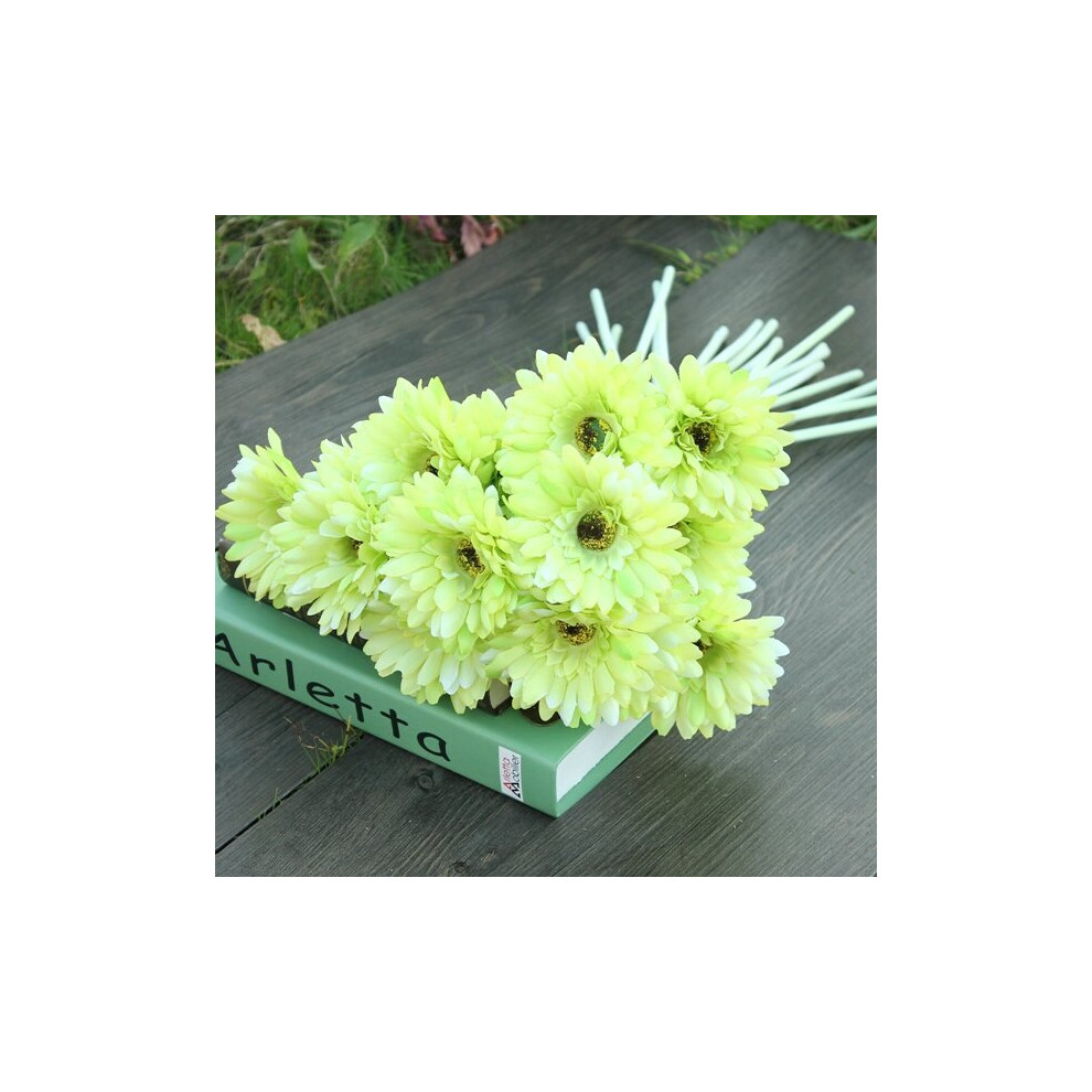 (Green) 10Pcs Sunbeam Artificial Flower Mum Gerber Daisy Bridal Bouquet Silk Wedding Party Flowers