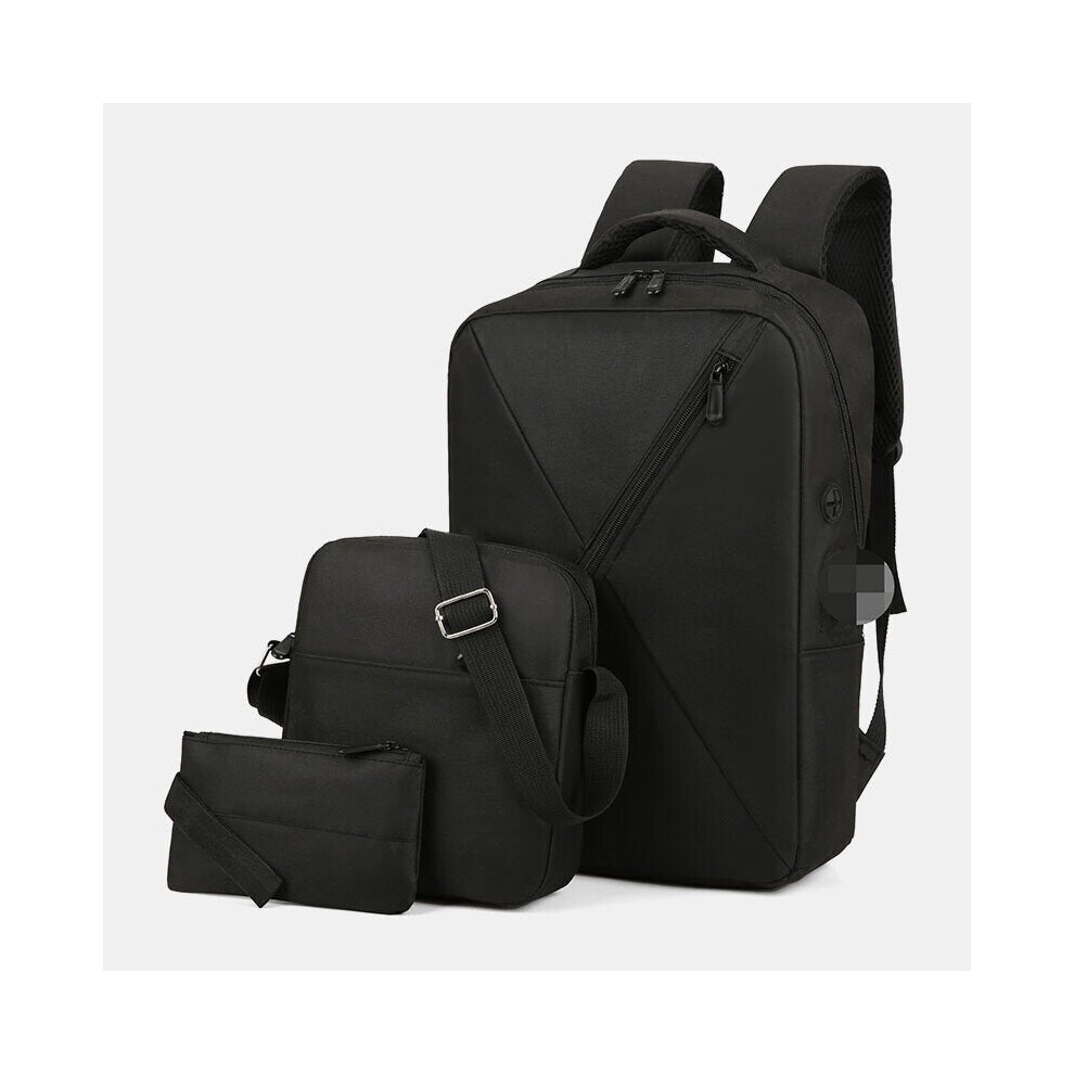 (Black) 3Pcs Men Oxford Wear Resistant Breathable Patchwork Large Capacity Casual Backpack Chest Bag Crossbody