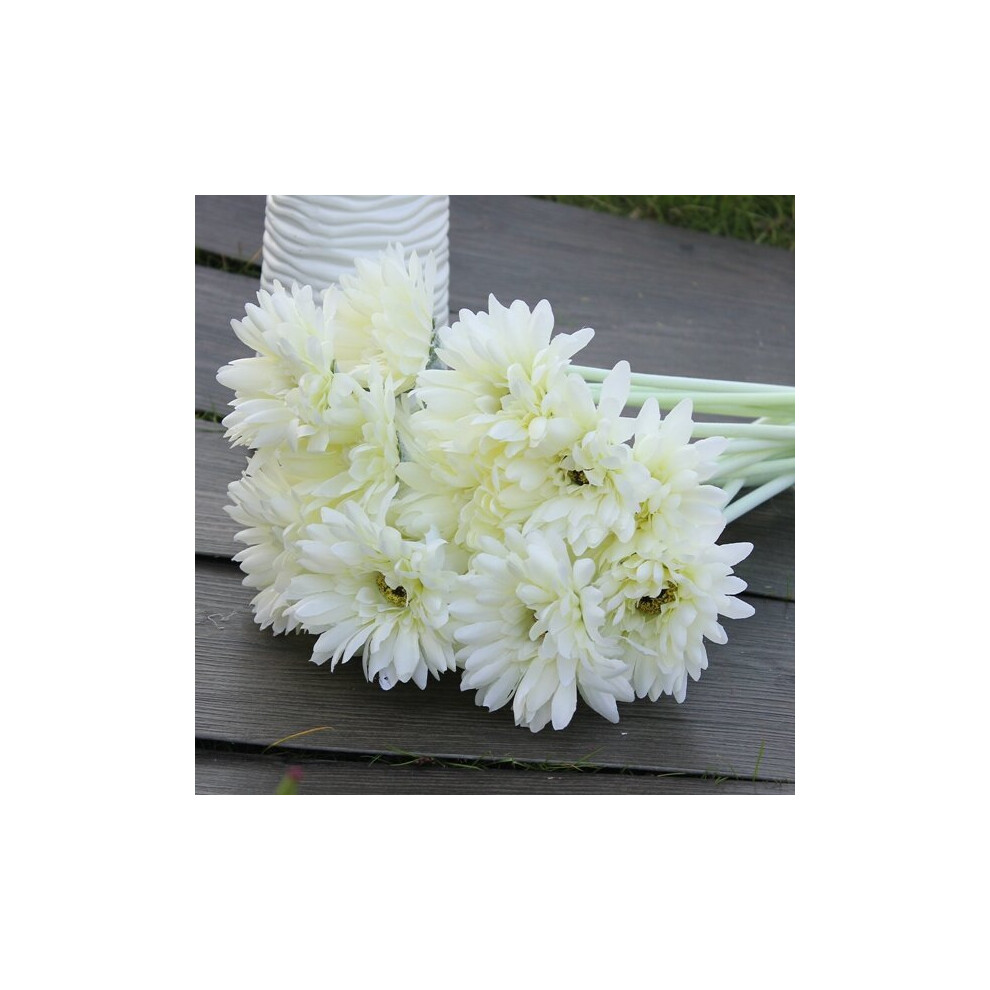 (White) 10Pcs Sunbeam Artificial Flower Mum Gerber Daisy Bridal Bouquet Silk Wedding Party Flowers