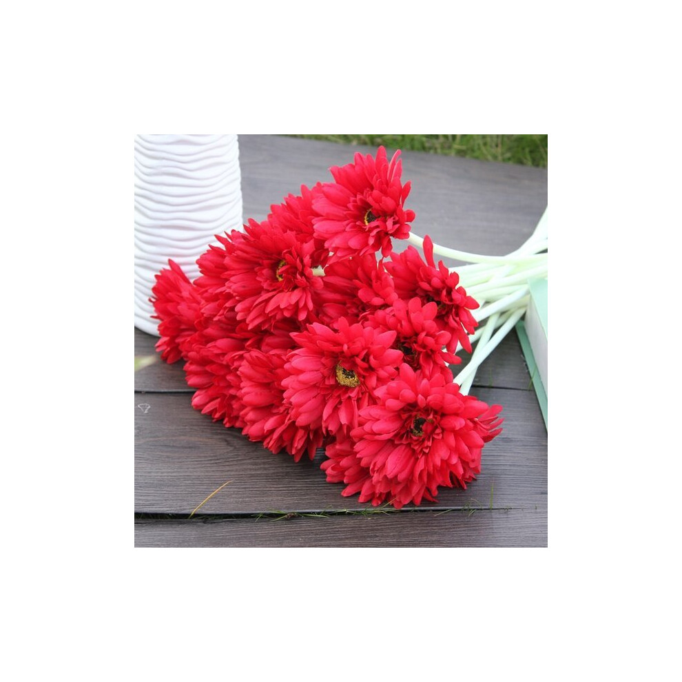 (Red) 10Pcs Sunbeam Artificial Flower Mum Gerber Daisy Bridal Bouquet Silk Wedding Party Flowers