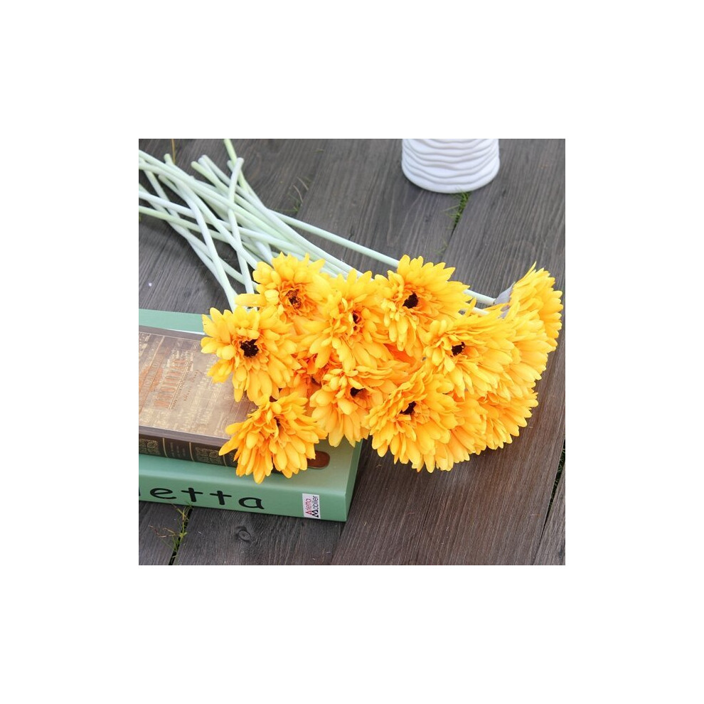 (Yellow) 10Pcs Sunbeam Artificial Flower Mum Gerber Daisy Bridal Bouquet Silk Wedding Party Flowers