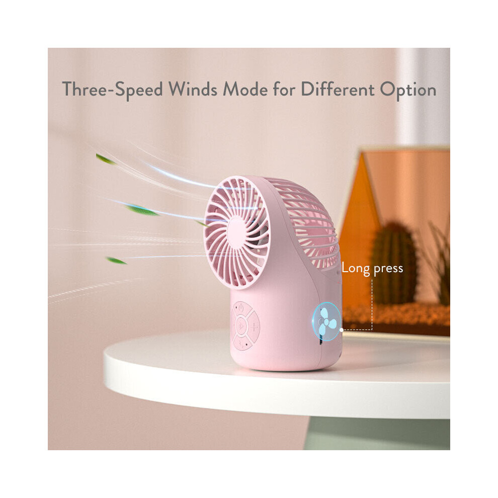 (Pink) 2 in 1 Portable bluetooth 5.1 Audio Wireless Desktop Speaker with Handheld Mini Cooling Fan