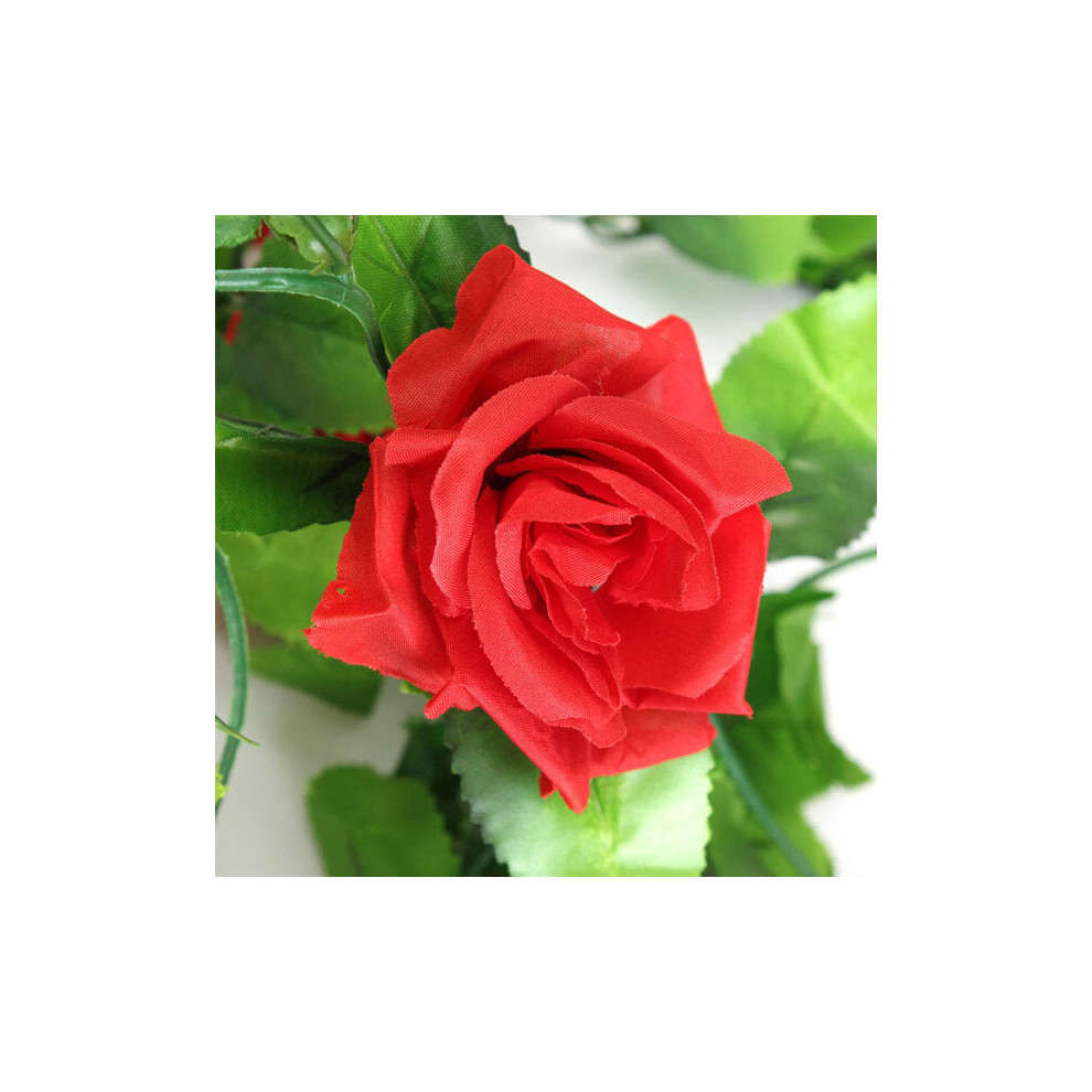 (Red) 2pcs Artificial Plastic Rose Flower Vines Garland Home Garden Decoration