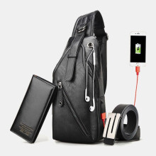 (Black 005) 3PCS Men Chest Bag Wallet Belt Set Casual Multifunction Wear- Resistant Crossbody Shoulder Gift