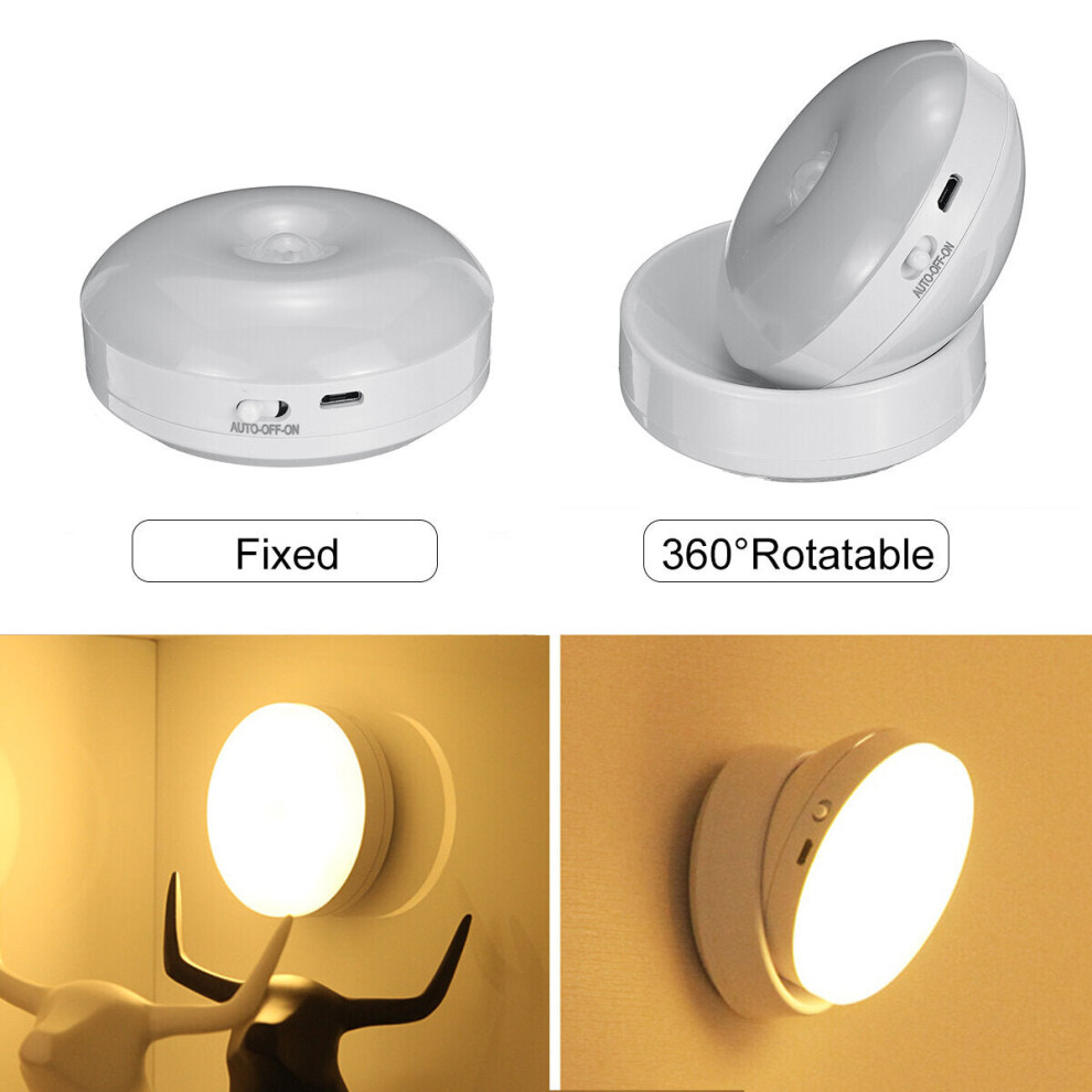 (Warm Light, Fixed, Battery Powered) 360 Degree Rotation LED Motion Sensor Night Light USB Rechargeable Lamp with Magnetic Base