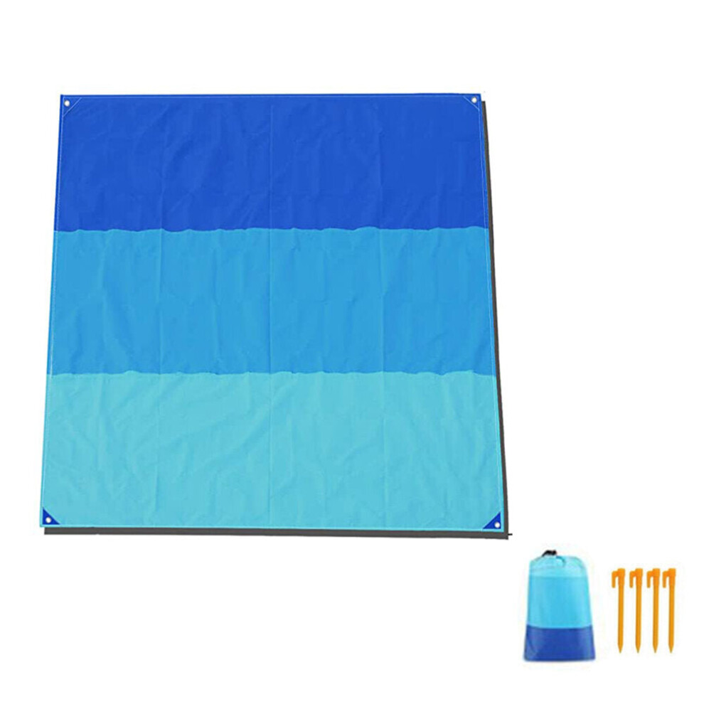 (Navy) 200x210cm Beach Blanket Waterproof Multifunction Folding Picnic Mat Sunshade Canopy with Ground Nail Carabiner Camping Travel
