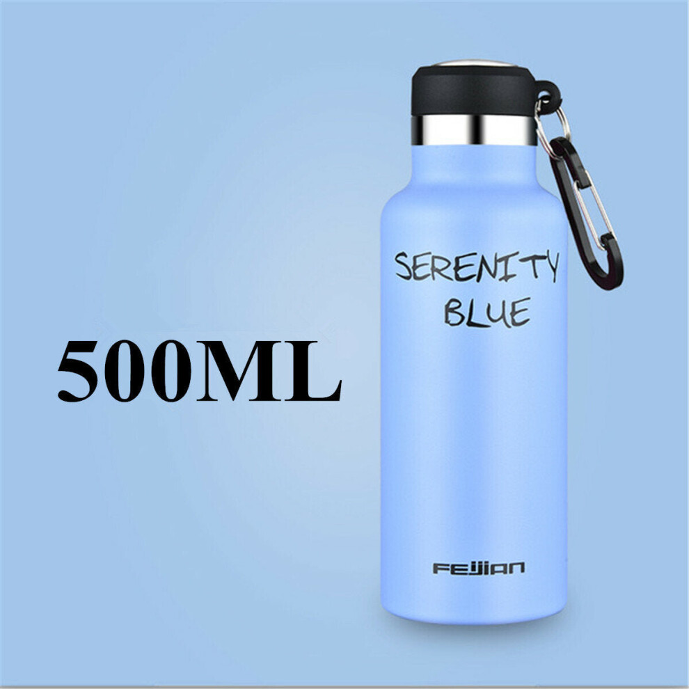 (Blue) 500ml Stainless Steel Sport Water Bottle Running Kettle Cycling Hiking Drink Vacuum Cup