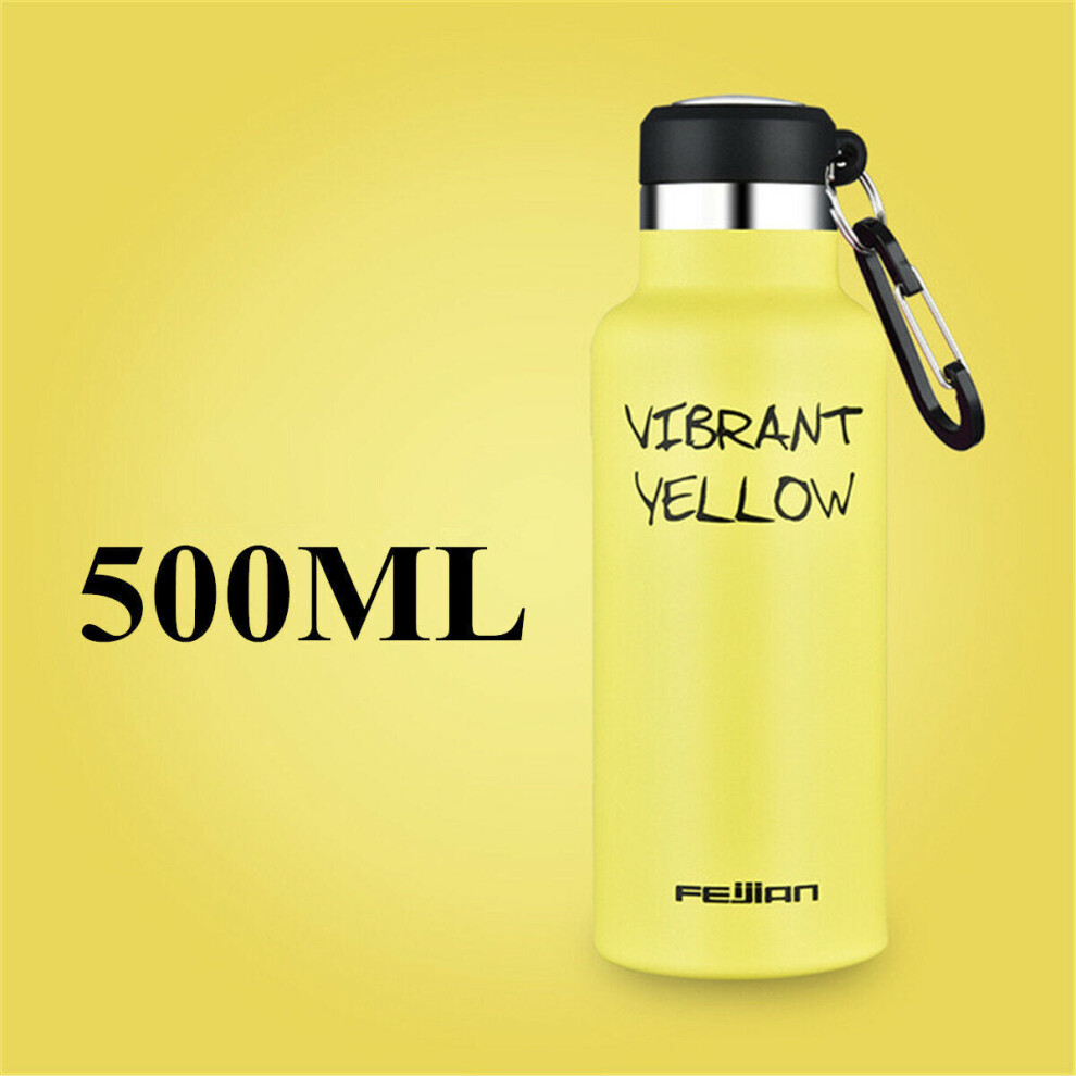 (Yellow) 500ml Stainless Steel Sport Water Bottle Running Kettle Cycling Hiking Drink Vacuum Cup