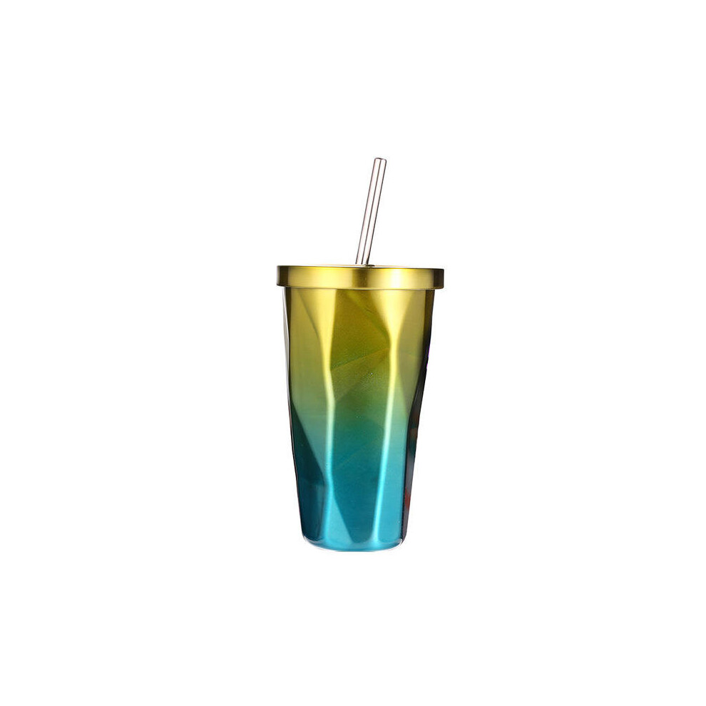 (Gold & Blue) 473L Stainless Steel Cups Gradient Color Diamond Double Wall Travel Water Bottles with Straw