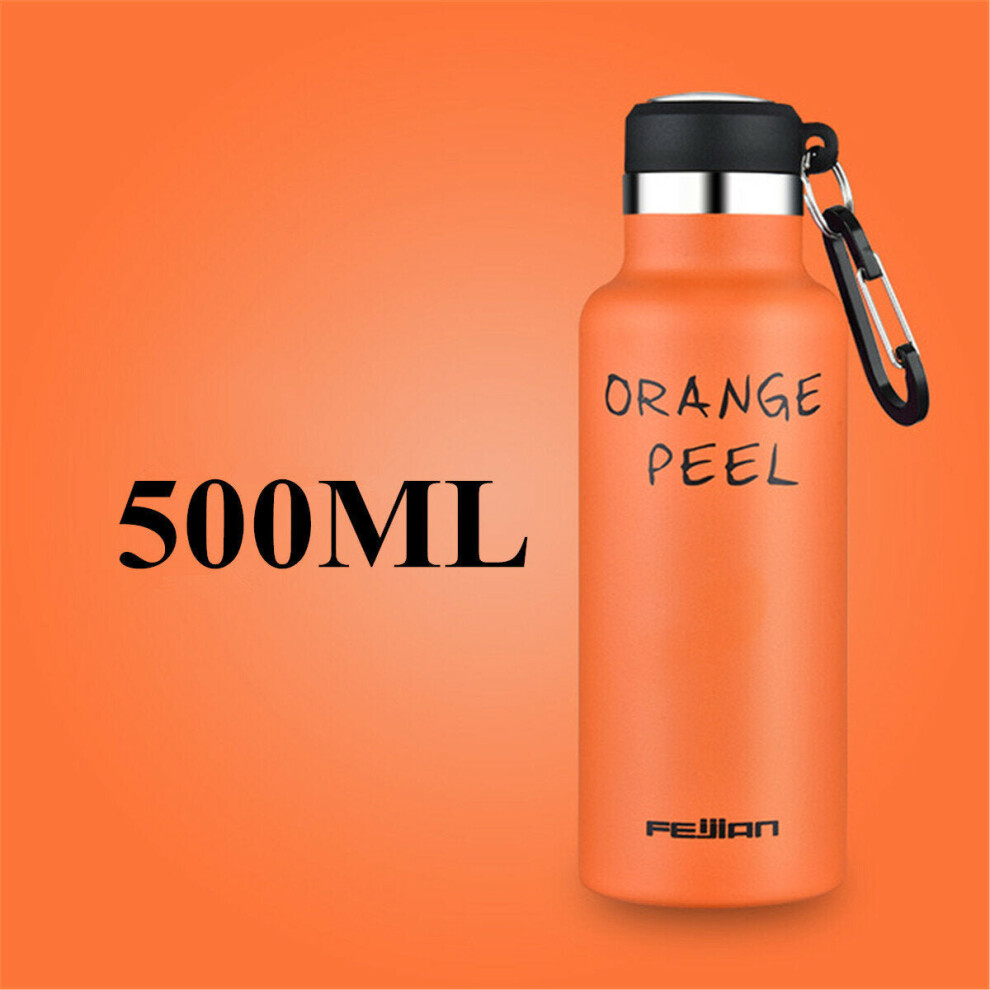 (Orange) 500ml Stainless Steel Sport Water Bottle Running Kettle Cycling Hiking Drink Vacuum Cup