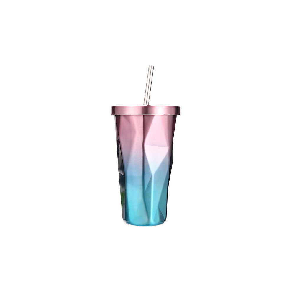 (Pink & Blue) 473L Stainless Steel Cups Gradient Color Diamond Double Wall Travel Water Bottles with Straw