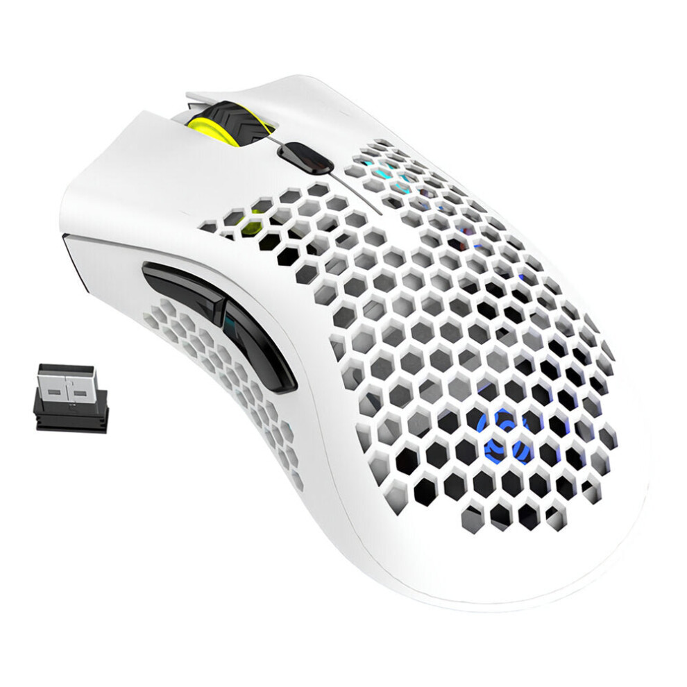 (White) 2.4G Wireless Rechargeable Mouse Hollow Honeycomb 1600DPI 7 Buttons Ergonomic RGB Optical Mice for Computer Laptop PC Gamer