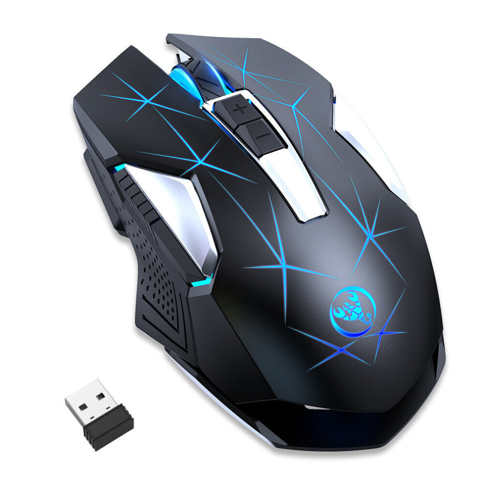 (Black) 2.4G Wireless Gaming Mouse 7 Buttons Adjustable 1000-2400DPI LED Breathing Light Rechargeable Mouse