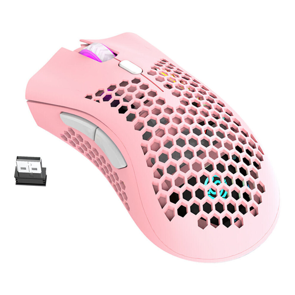 (Pink) 2.4G Wireless Rechargeable Mouse Hollow Honeycomb 1600DPI 7 Buttons Ergonomic RGB Optical Mice for Computer Laptop PC Gamer