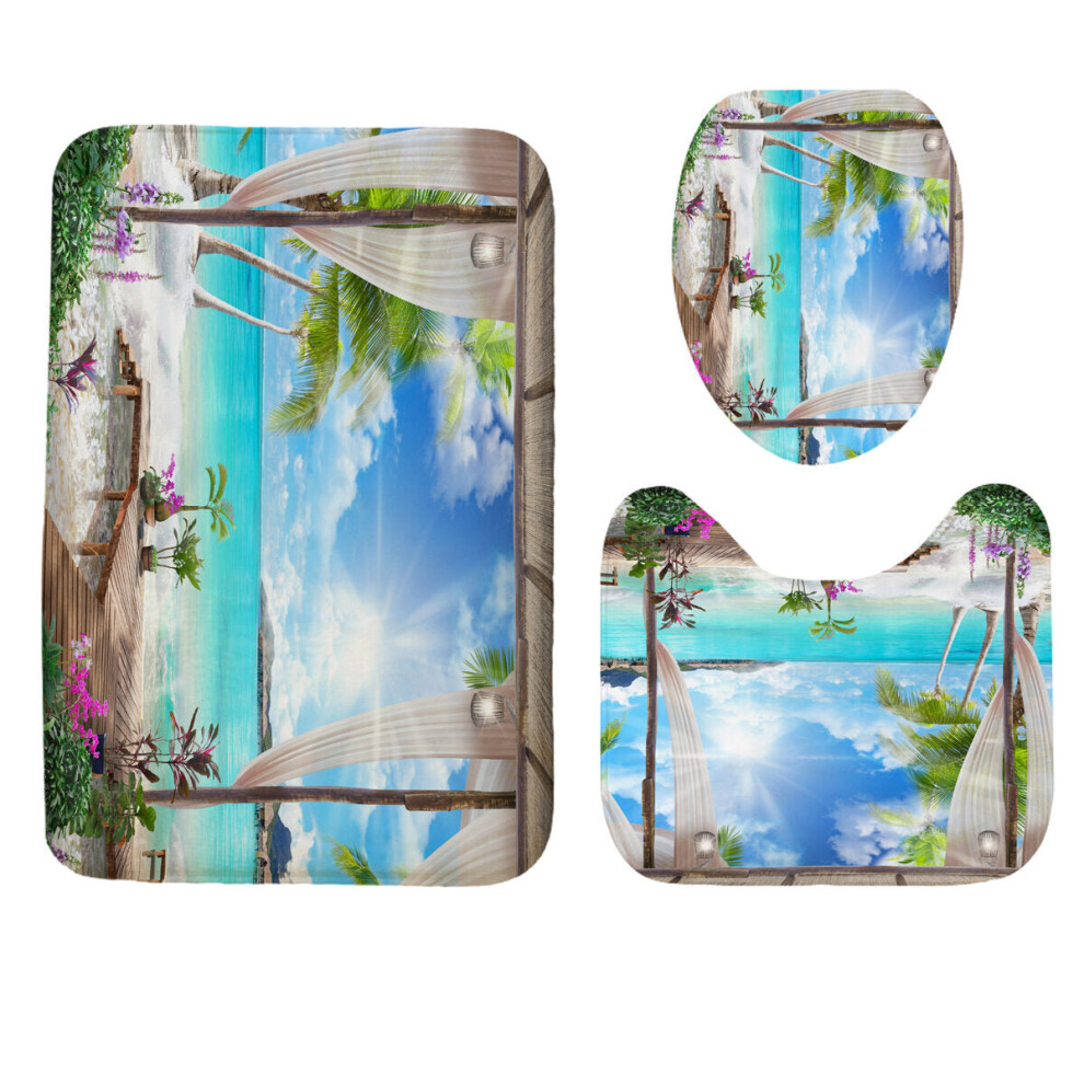 (Pattern 1) 1/3Pcs Shower Curtain Set Bay Printing Toilet Cover Mat Bathroom Non-Slip Mat