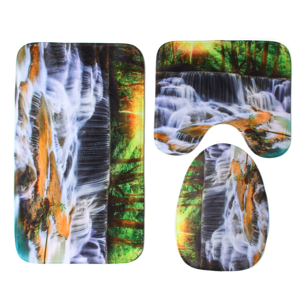 (B) 180x180CM Waterfall Printing Waterproof 3PCS Toilet Cover Mat Non-Slip Rug Set