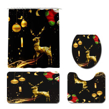 (4Pcs Set) 180x180 Waterproof Christmas Elk Shower Curtain Set Non-slip Bath Mat Toilet Lid Cover Floor Mat Set