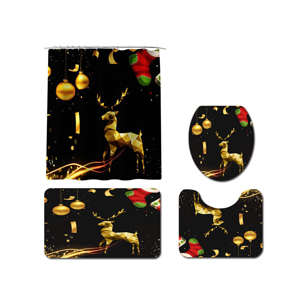 (4Pcs Set) 180x180 Waterproof Christmas Elk Shower Curtain Set Non-slip Bath Mat Toilet Lid Cover Floor Mat Set