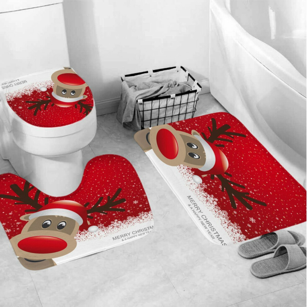 (B) 180x180CM Christmas Elk Waterproof Shower Curtain Anti-slip Bath Seat Mat Floor Mat Set