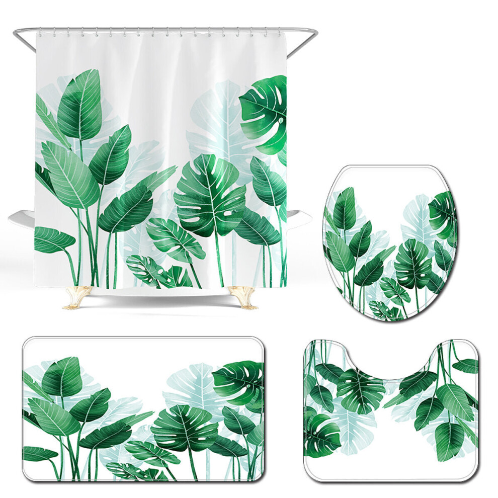 (C) 180x180cm Plantain Turtle Leaf Waterproof Shower Curtain 3/4PCS Bathroom Odorless Non-toxic Mat Kit