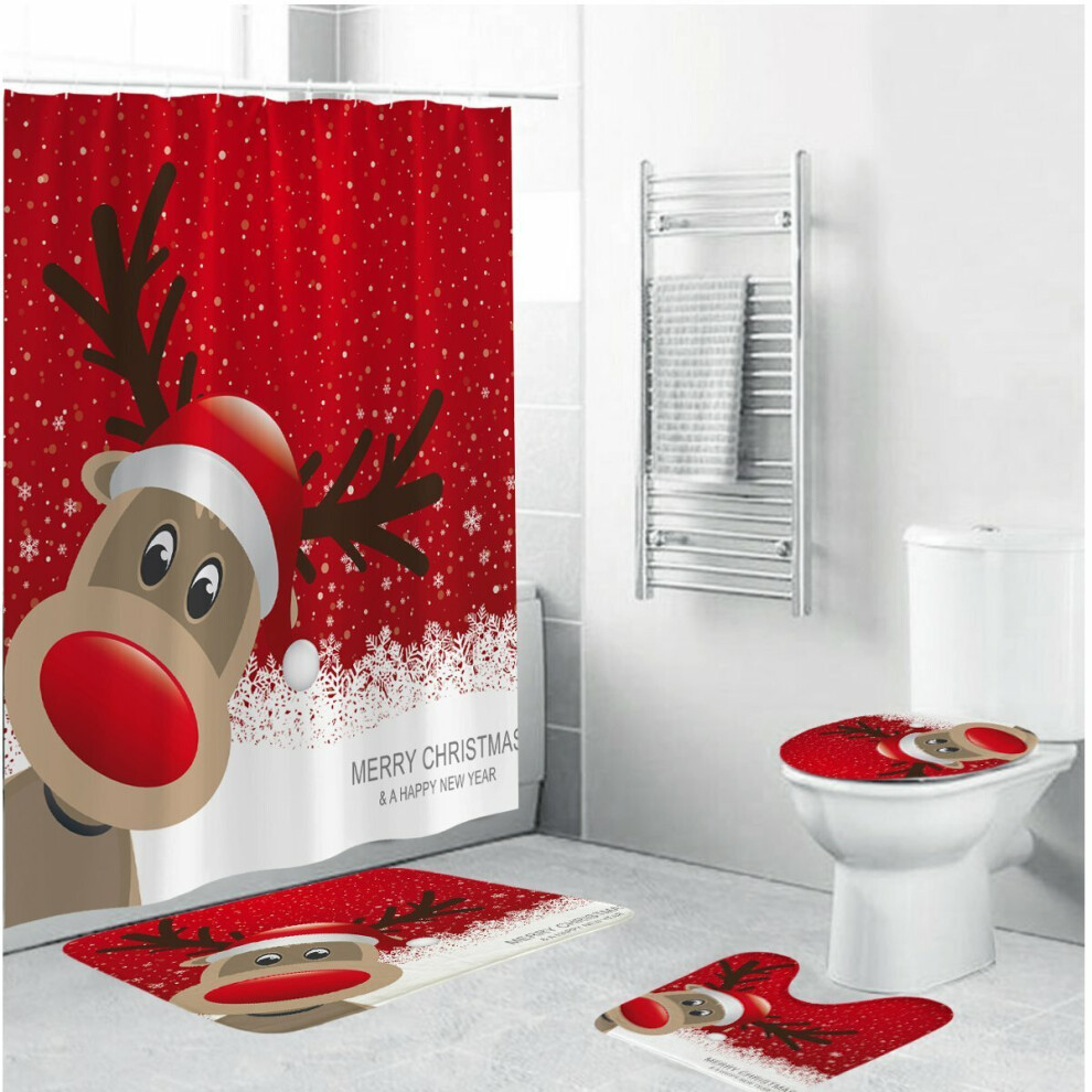 (C) 180x180CM Christmas Elk Waterproof Shower Curtain Anti-slip Bath Seat Mat Floor Mat Set