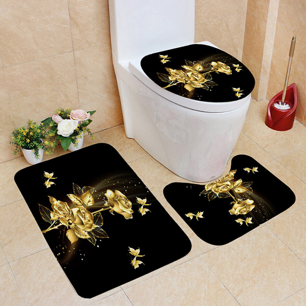 (C) 1/3/4PCS Gold Rose Butterfly Waterproof Shower Curtain Non-toxic Dustproof Toilet Seat Cushion Set