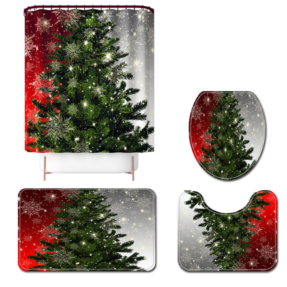 (D) 180x180CM Christmas Tree Shower Curtain Set Non-Slip Rugs Toilet Lid Cover Bath Mat Bathroom Decor Set