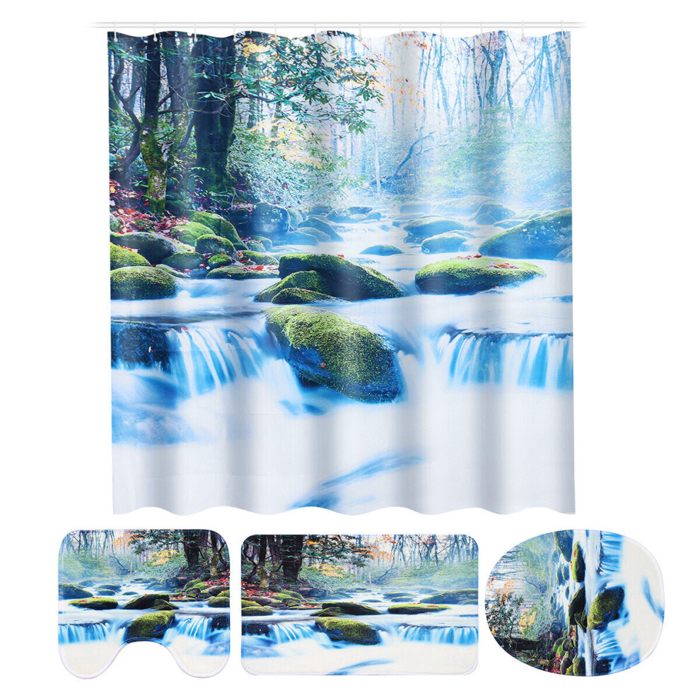 (B) 180x180CM Waterfall Shower Curtain Non-toxic Anti-slip Bath Mat Set Waterproof Toilet Rug Set