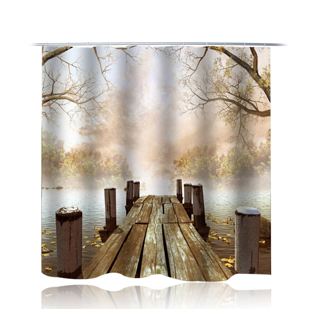 (A) 180x180CM Wooden Bridge Printing Bathroom Shower Curtain Toilet Cover Mat Non-Slip Rug Set