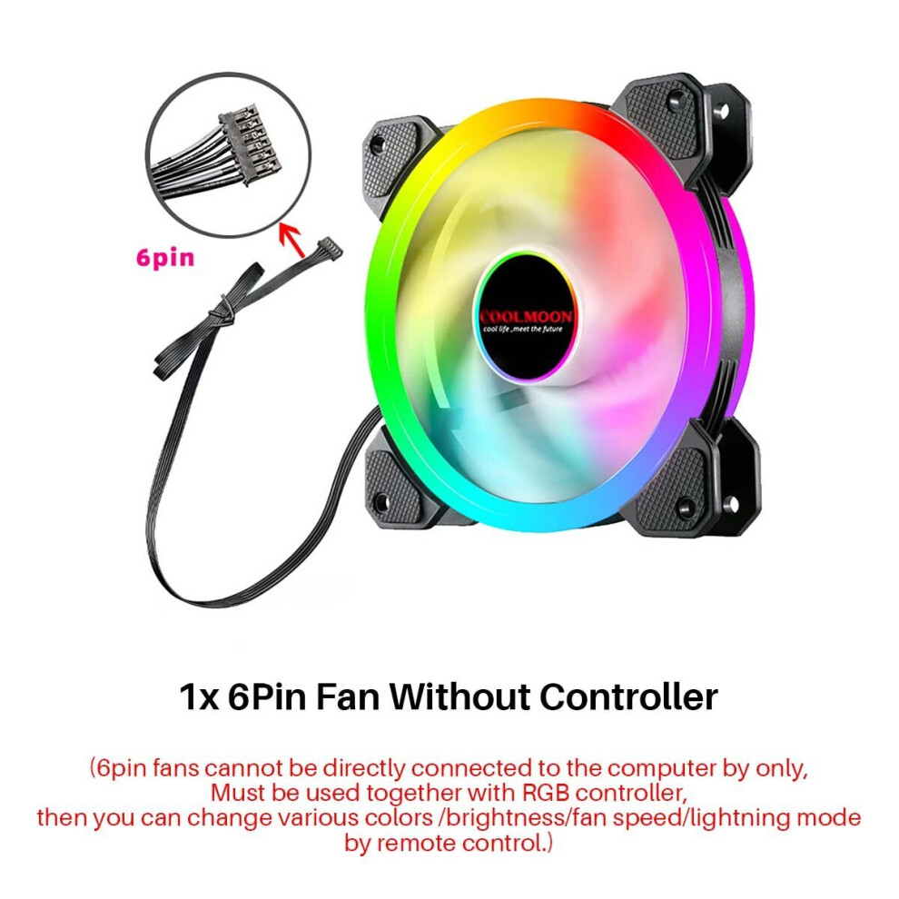 (1x 6PIN Fan Without Controller) 120mm Computer PC Cooler Cooling Fan RGB LED Multicolor-mode Quiet Chassis Fan With Controller