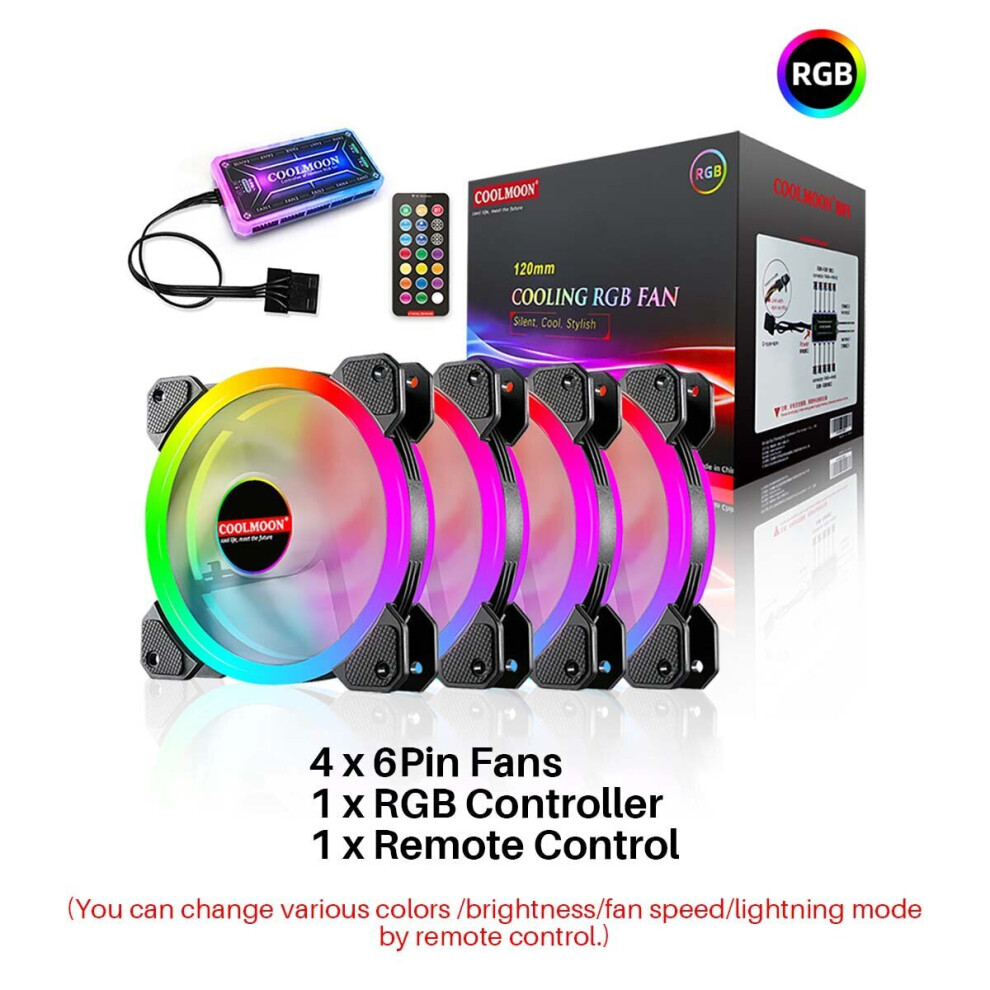 (4 Fans + 1 Rgb Controller + 1X Remote Control) 120Mm Computer Pc Cooler Cooling Fan Rgb Led Multicolor-Mode Quiet Chassis Fan With Controller 6112212777381